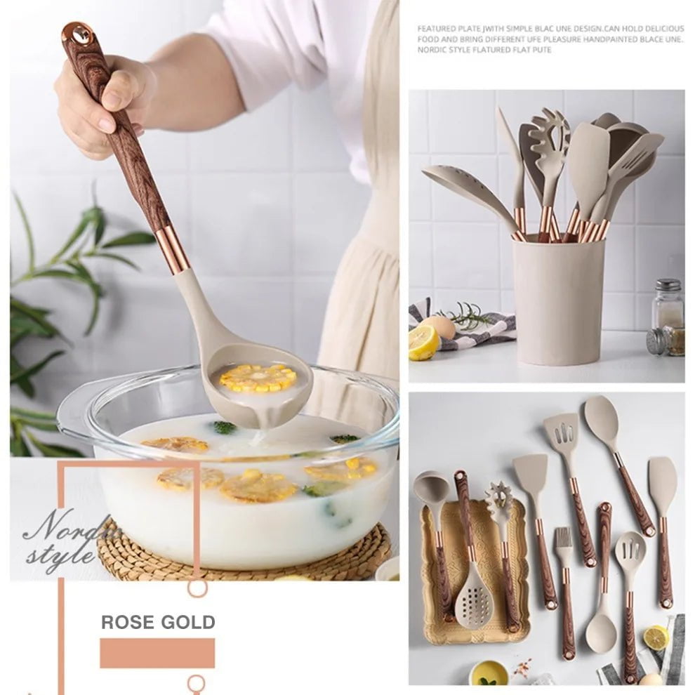 Rose Gold-Plated Handle Silicone Cooking Utensils Set - Heat Resistant Kitchen Spatula, Spoon, Non-Stick Tools with Holder