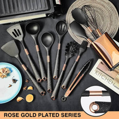 Rose Gold-Plated Handle Silicone Cooking Utensils Set - Heat Resistant Kitchen Spatula, Spoon, Non-Stick Tools with Holder