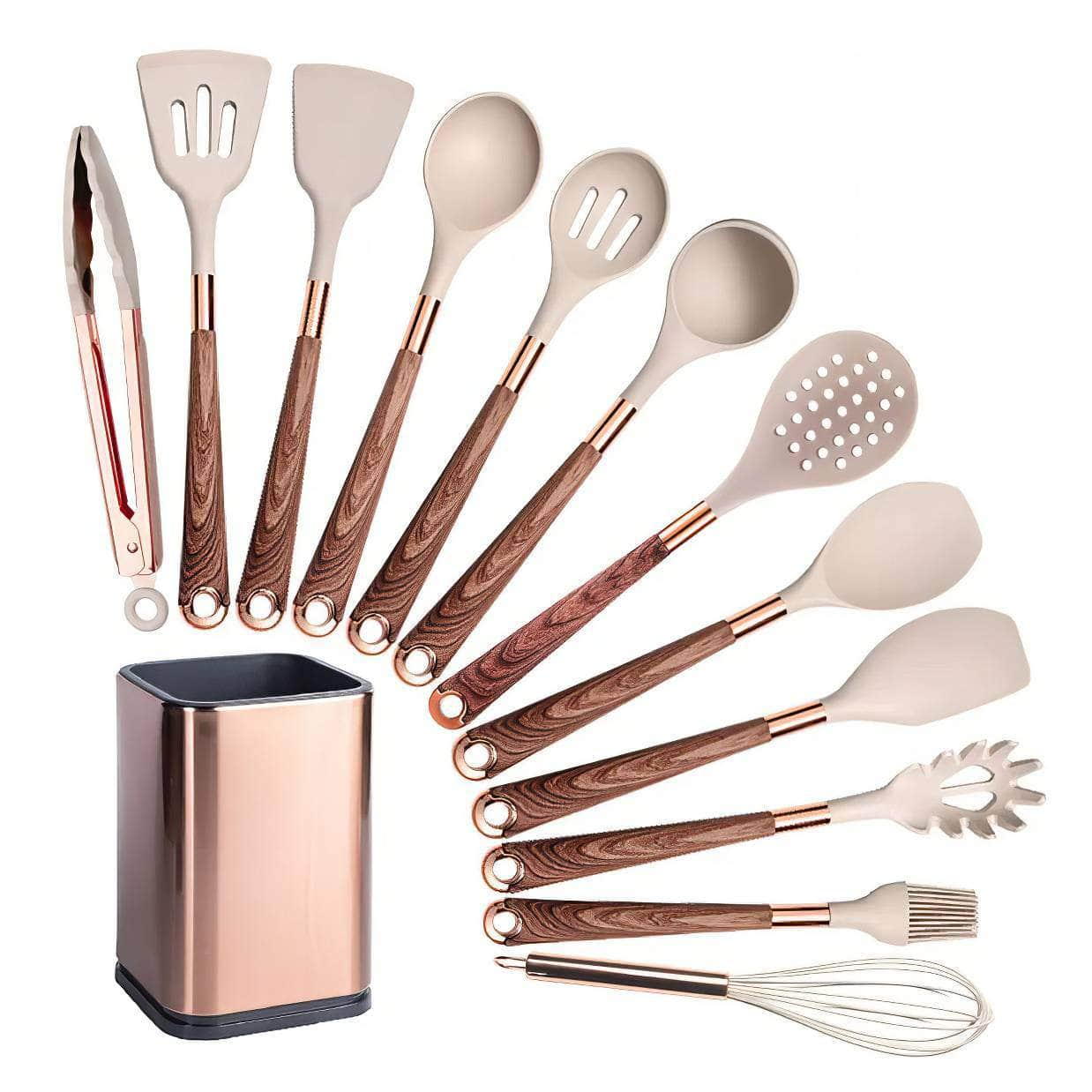 Rose Gold-Plated Handle Silicone Cooking Utensils Set - Heat Resistant Kitchen Spatula, Spoon, Non-Stick Tools with Holder