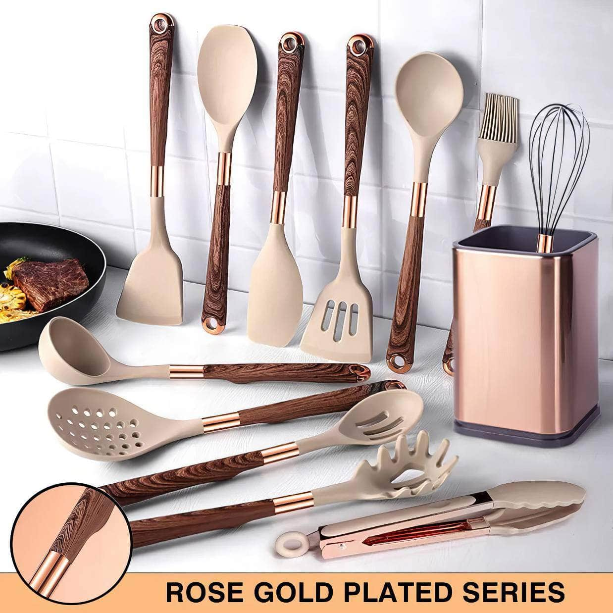 Rose Gold-Plated Handle Silicone Cooking Utensils Set - Heat Resistant Kitchen Spatula, Spoon, Non-Stick Tools with Holder