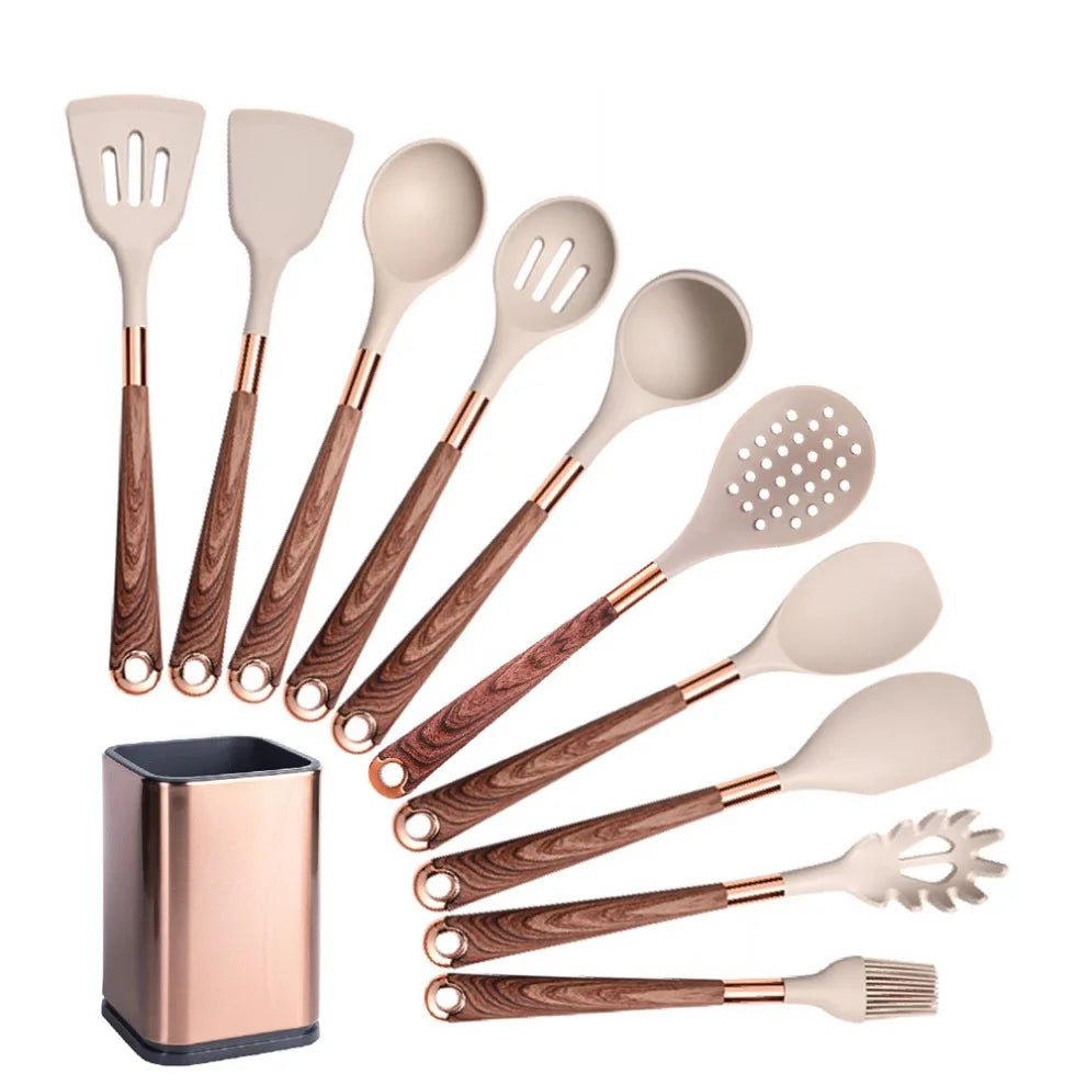 Rose Gold-Plated Handle Silicone Cooking Utensils Set - Heat Resistant Kitchen Spatula, Spoon, Non-Stick Tools with Holder Beige-010-1