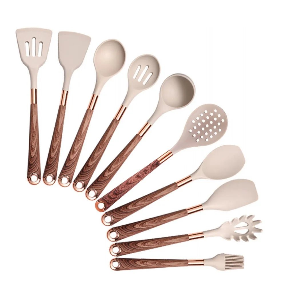 Rose Gold-Plated Handle Silicone Cooking Utensils Set - Heat Resistant Kitchen Spatula, Spoon, Non-Stick Tools with Holder Beige-010