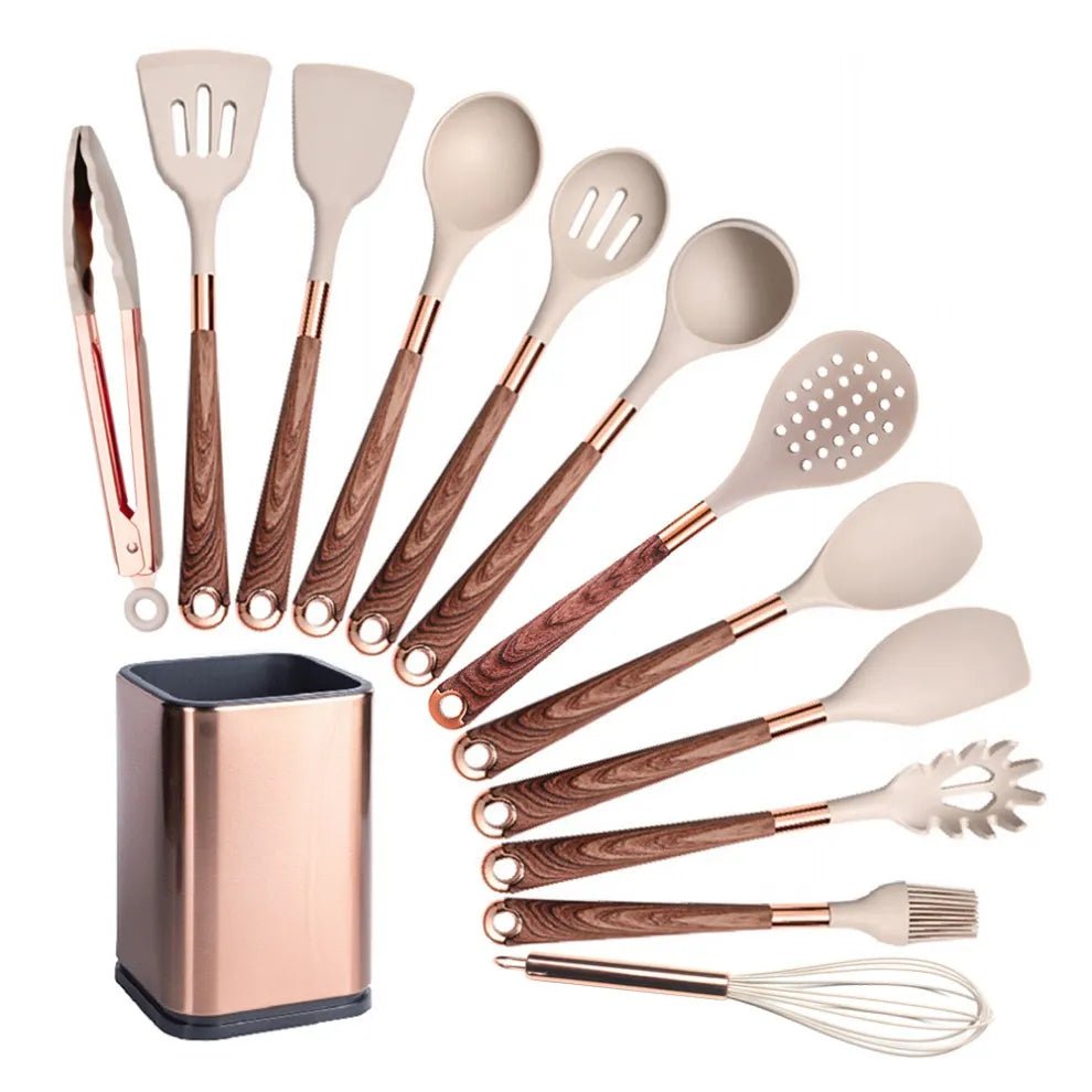 Rose Gold-Plated Handle Silicone Cooking Utensils Set - Heat Resistant Kitchen Spatula, Spoon, Non-Stick Tools with Holder Beige-012-1