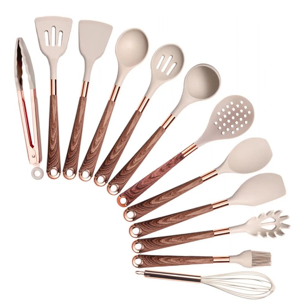 Rose Gold-Plated Handle Silicone Cooking Utensils Set - Heat Resistant Kitchen Spatula, Spoon, Non-Stick Tools with Holder Beige-012