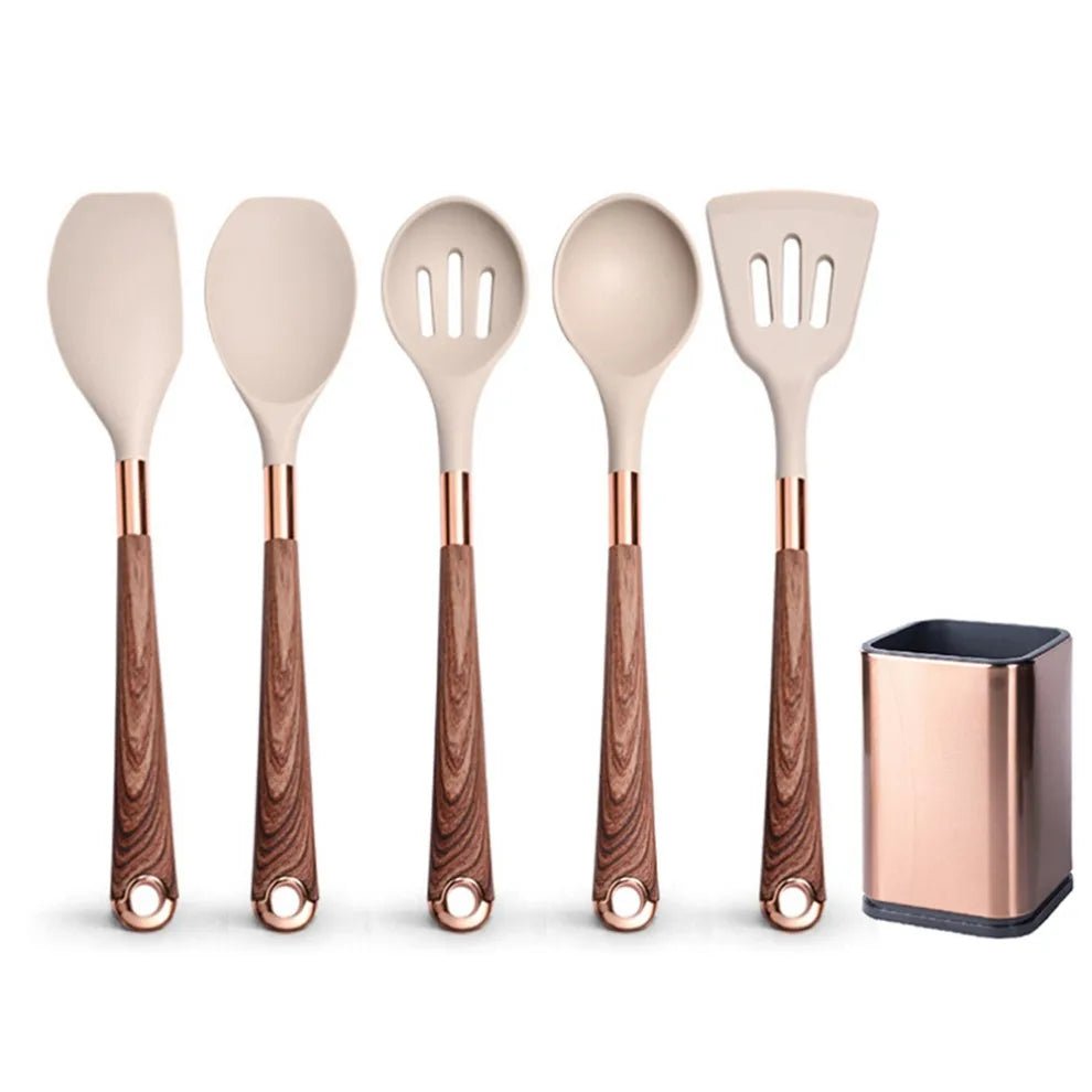 Rose Gold-Plated Handle Silicone Cooking Utensils Set - Heat Resistant Kitchen Spatula, Spoon, Non-Stick Tools with Holder Beige-05-1