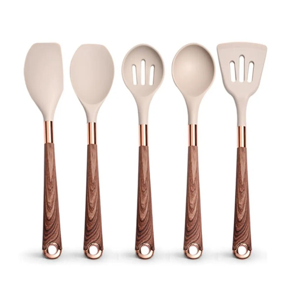 Rose Gold-Plated Handle Silicone Cooking Utensils Set - Heat Resistant Kitchen Spatula, Spoon, Non-Stick Tools with Holder Beige-05