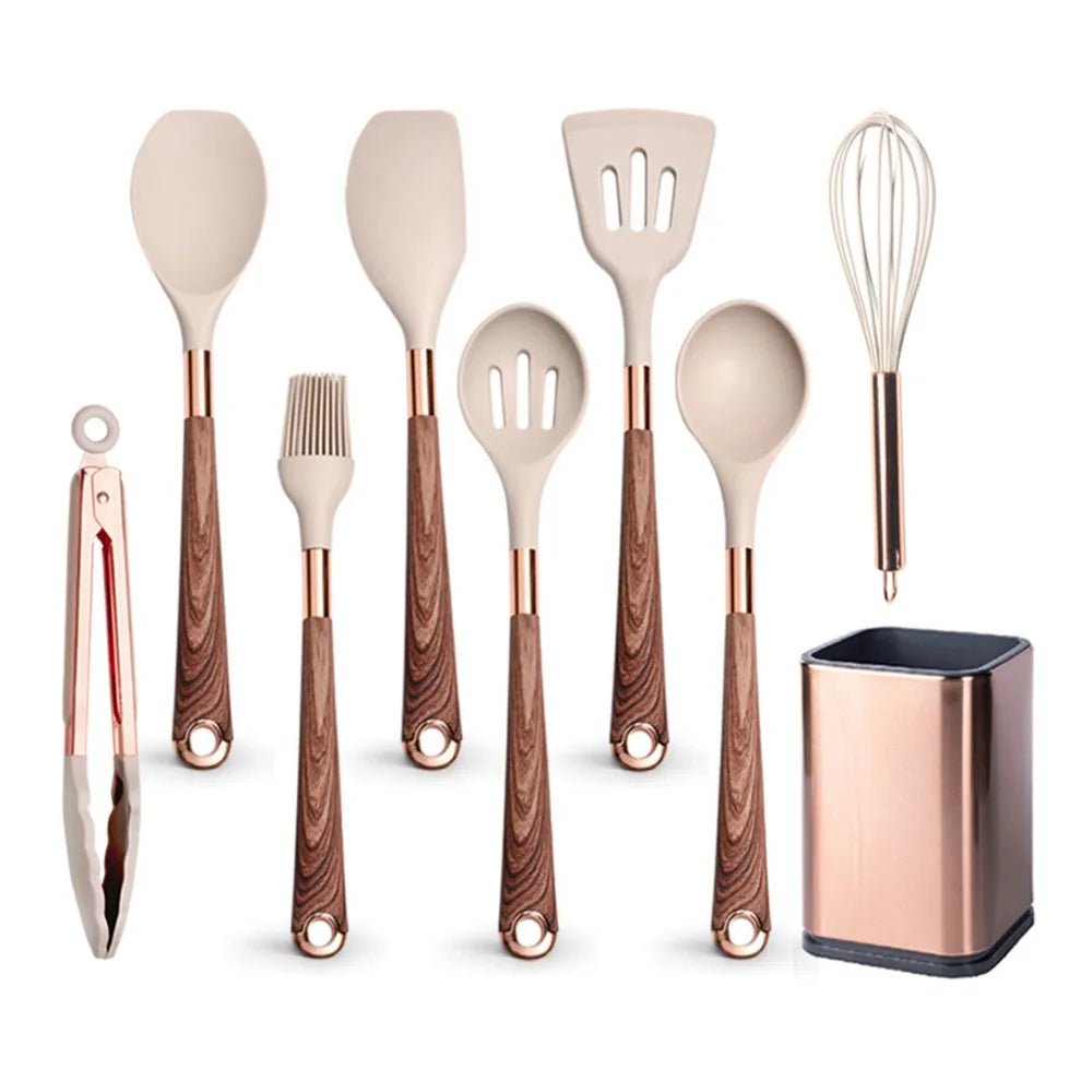 Rose Gold-Plated Handle Silicone Cooking Utensils Set - Heat Resistant Kitchen Spatula, Spoon, Non-Stick Tools with Holder Beige-08-1