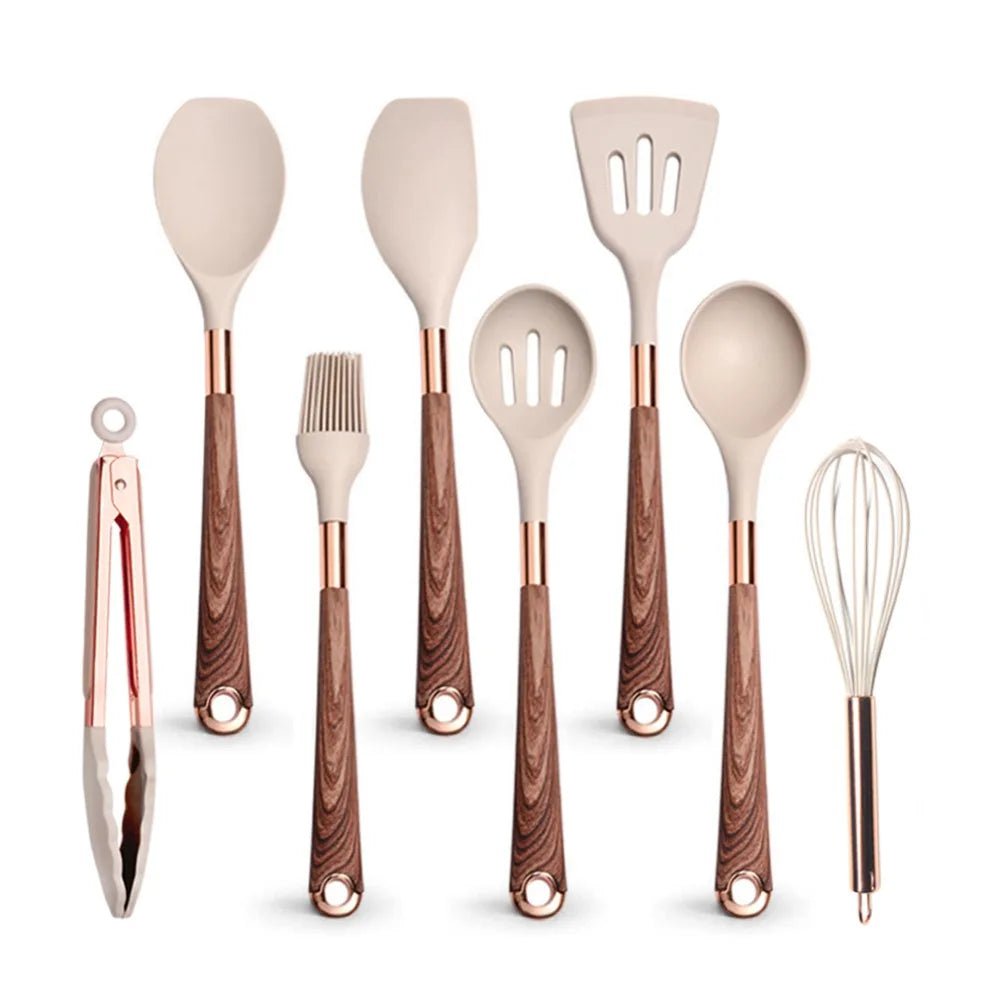 Rose Gold-Plated Handle Silicone Cooking Utensils Set - Heat Resistant Kitchen Spatula, Spoon, Non-Stick Tools with Holder Beige-08