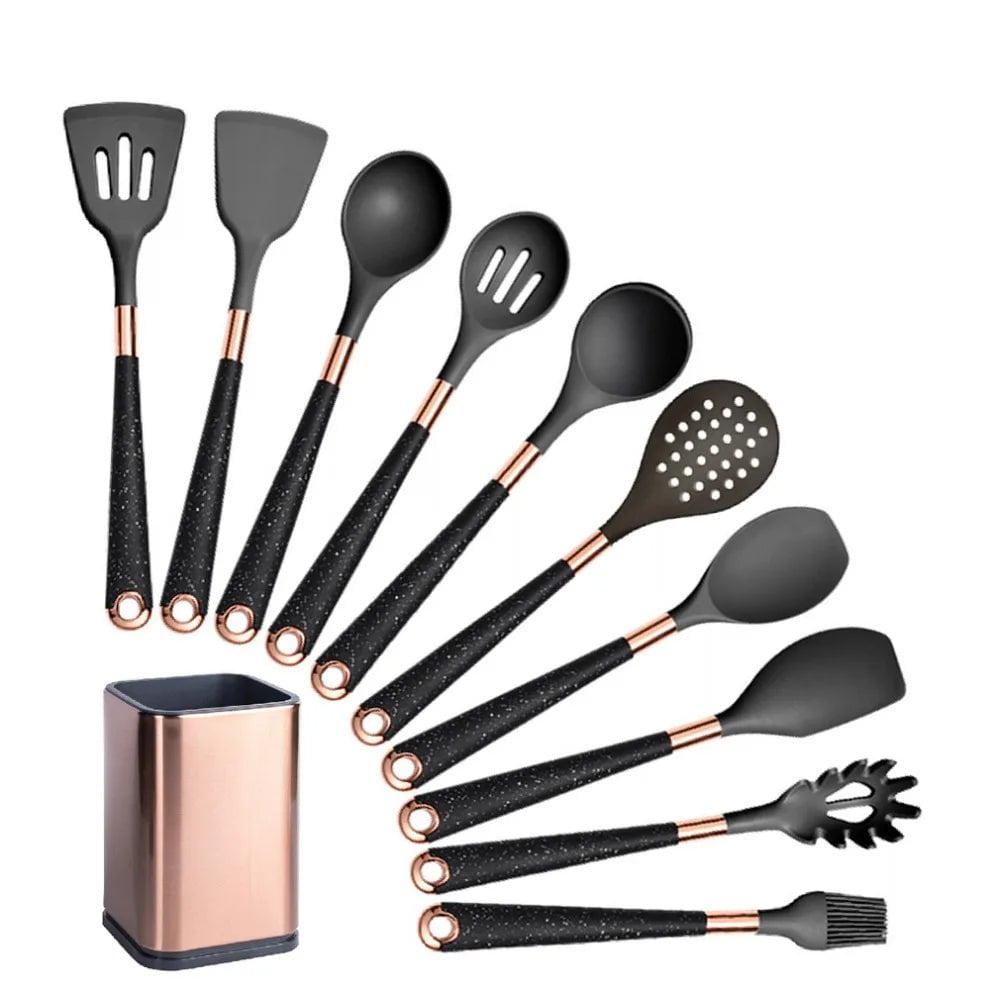 Rose Gold-Plated Handle Silicone Cooking Utensils Set - Heat Resistant Kitchen Spatula, Spoon, Non-Stick Tools with Holder Black-010-1