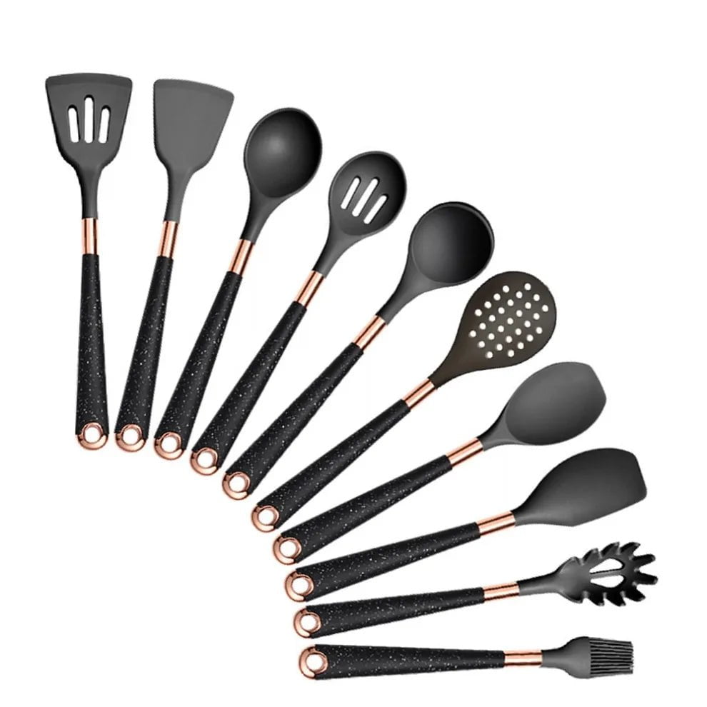 Rose Gold-Plated Handle Silicone Cooking Utensils Set - Heat Resistant Kitchen Spatula, Spoon, Non-Stick Tools with Holder Black-010