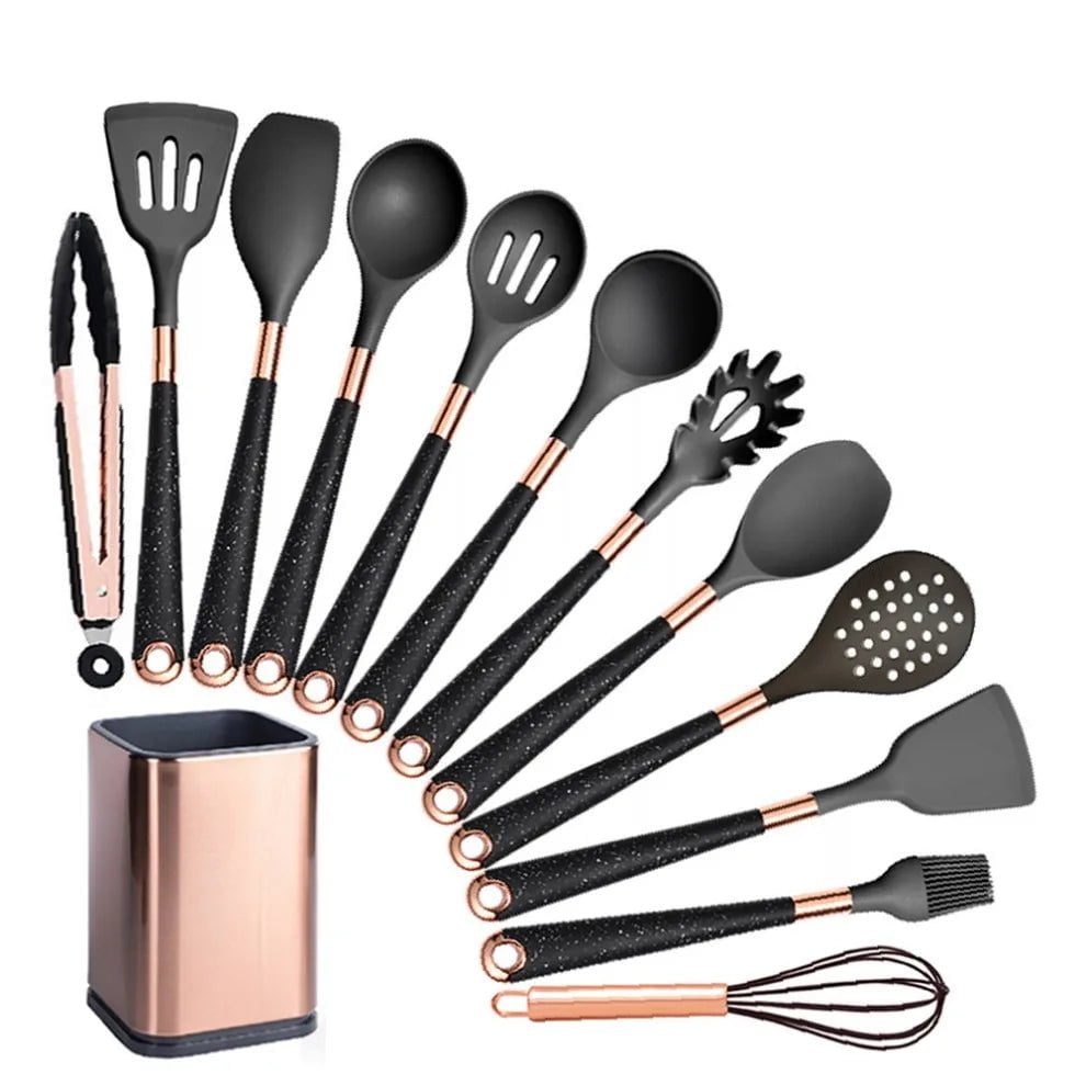 Rose Gold-Plated Handle Silicone Cooking Utensils Set - Heat Resistant Kitchen Spatula, Spoon, Non-Stick Tools with Holder Black-012-1