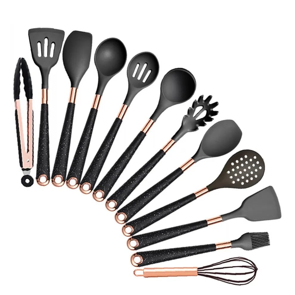 Rose Gold-Plated Handle Silicone Cooking Utensils Set - Heat Resistant Kitchen Spatula, Spoon, Non-Stick Tools with Holder Black-012