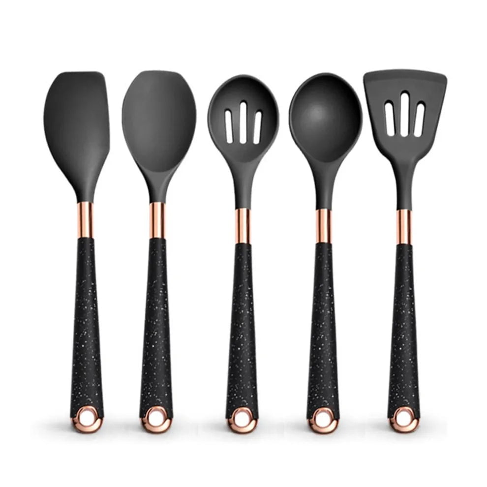 Rose Gold-Plated Handle Silicone Cooking Utensils Set - Heat Resistant Kitchen Spatula, Spoon, Non-Stick Tools with Holder Black-05