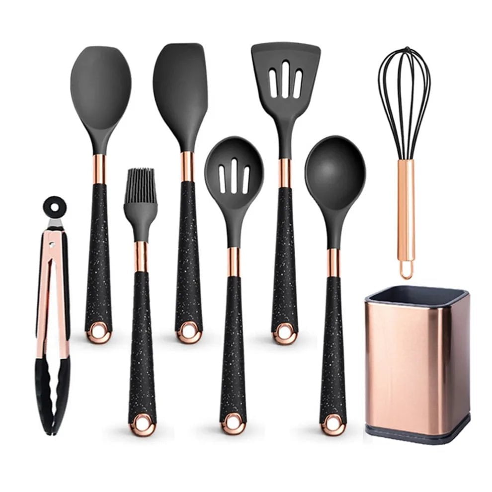 Rose Gold-Plated Handle Silicone Cooking Utensils Set - Heat Resistant Kitchen Spatula, Spoon, Non-Stick Tools with Holder Black-08-1