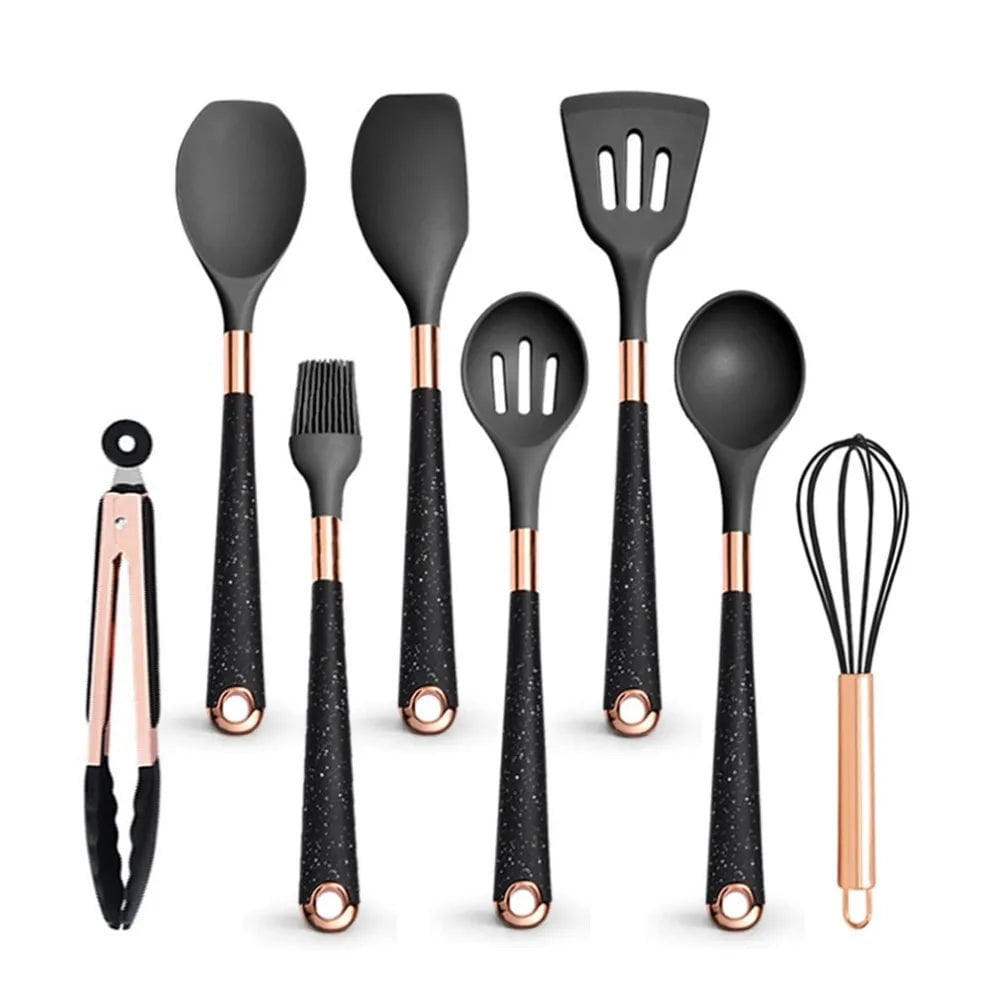 Rose Gold-Plated Handle Silicone Cooking Utensils Set - Heat Resistant Kitchen Spatula, Spoon, Non-Stick Tools with Holder Black-08