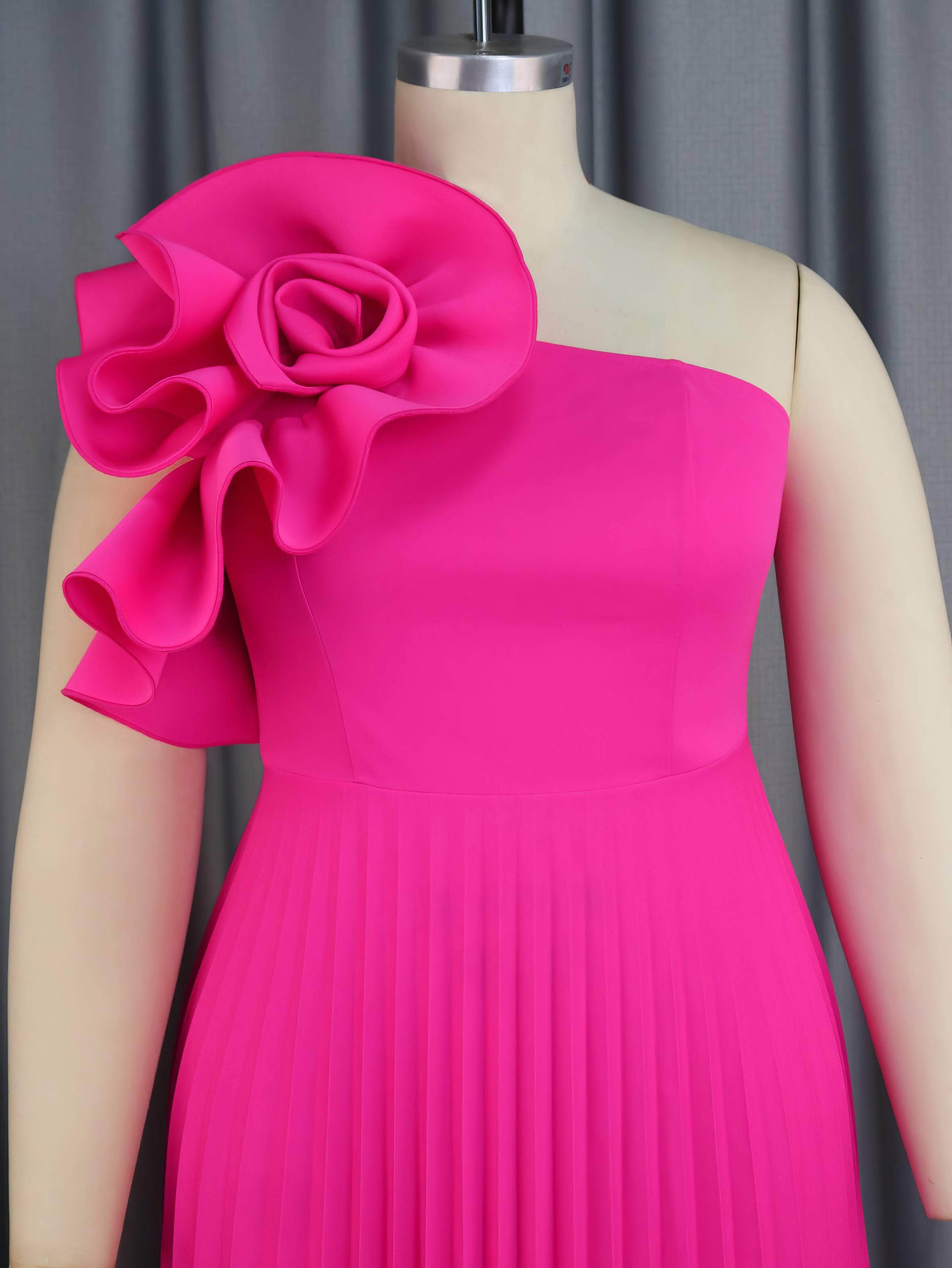 Rosette Detail One-Shoulder Pleated A-line Dress