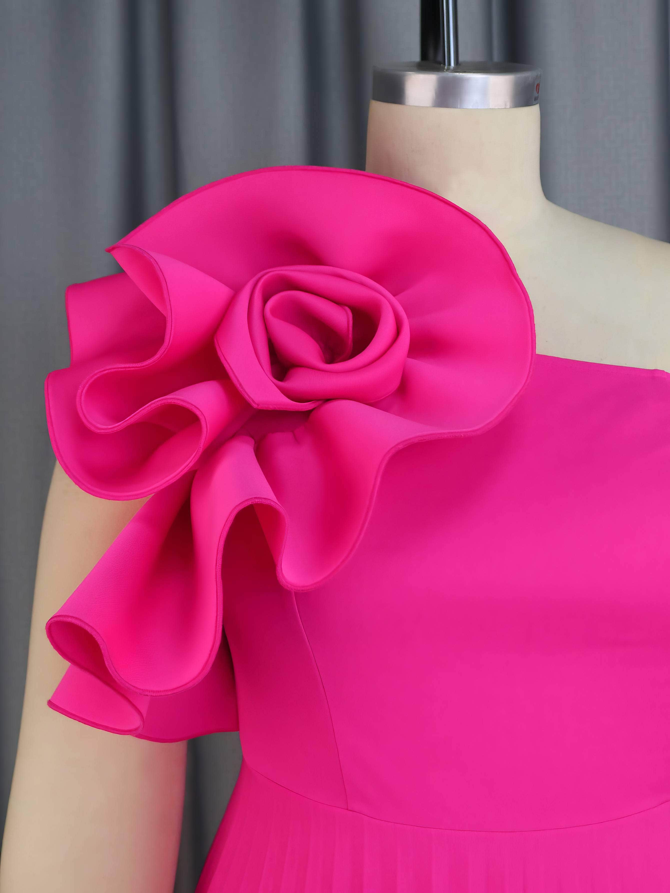 Rosette Detail One-Shoulder Pleated A-line Dress