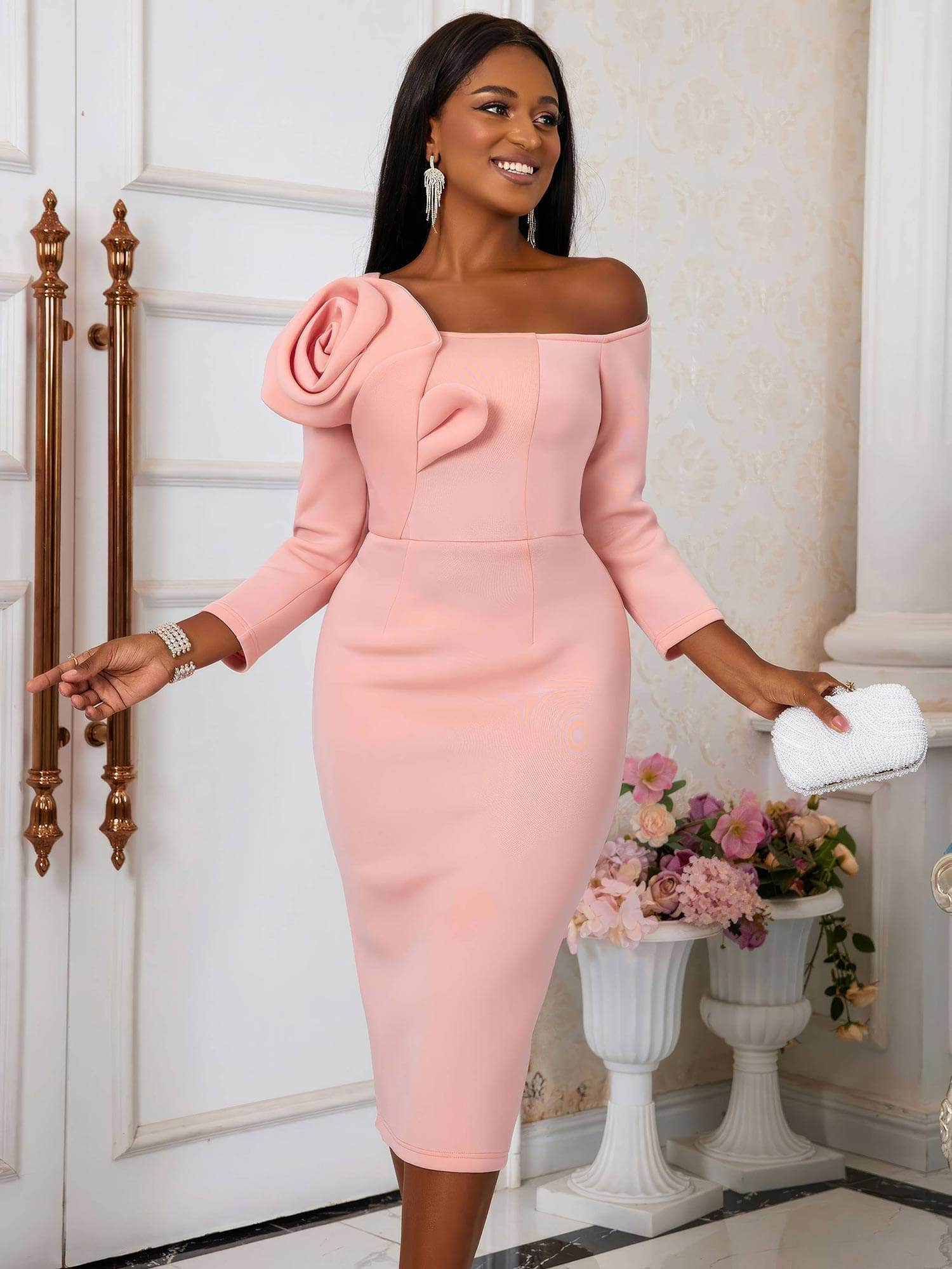 Rosette Embellished Off-shoulder Bodycon Dress