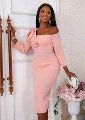 Rosette Embellished Off-shoulder Bodycon Dress US 4-6 / LightPink