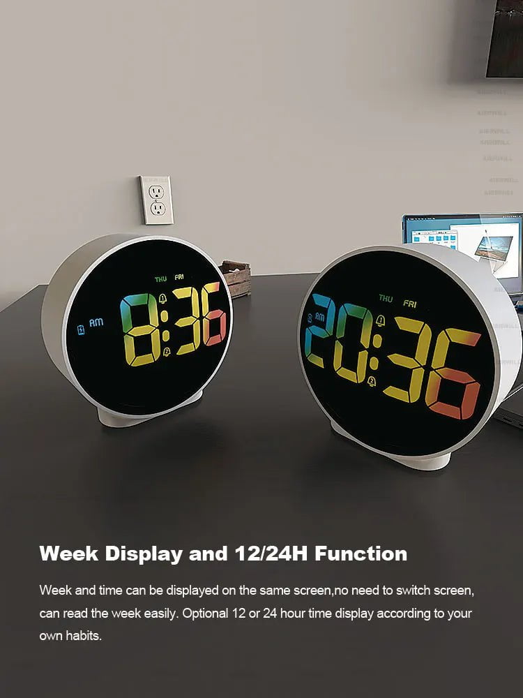 Round Alarm Clock with Snooze, Calendar, 12/24H Display, Week Indicator, Digital LED, for Bedrooms