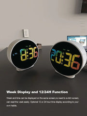 Round Alarm Clock with Snooze, Calendar, 12/24H Display, Week Indicator, Digital LED, for Bedrooms