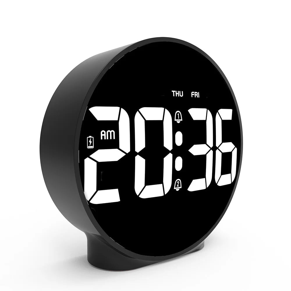 Round Alarm Clock with Snooze, Calendar, 12/24H Display, Week Indicator, Digital LED, for Bedrooms Black