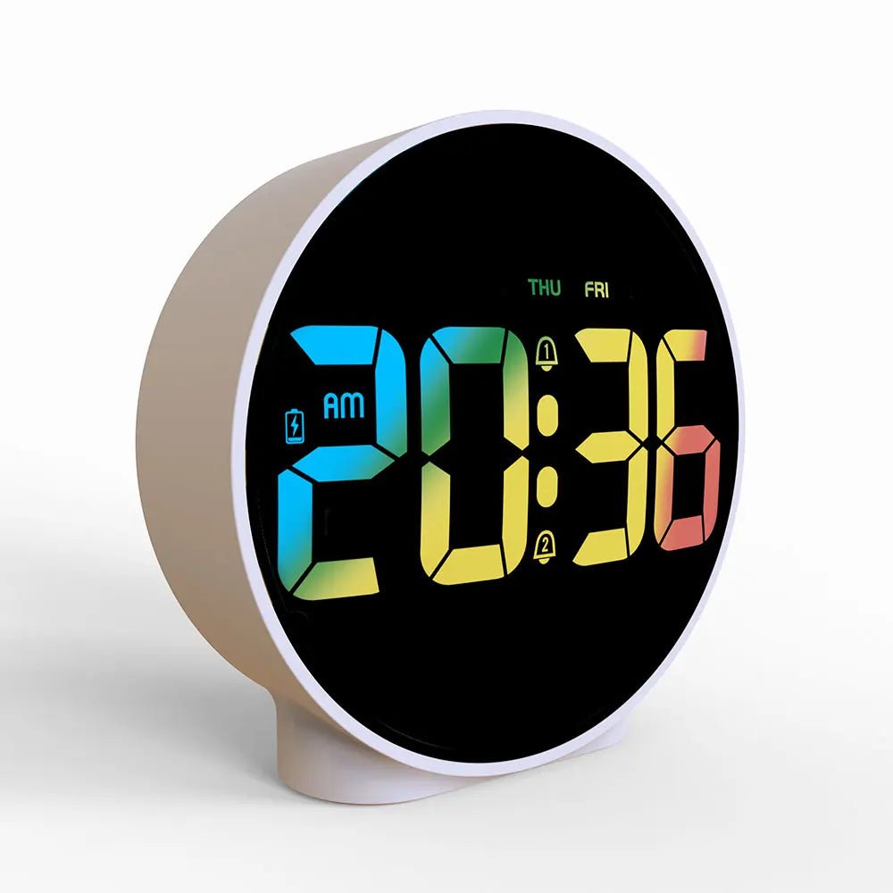 Round Alarm Clock with Snooze, Calendar, 12/24H Display, Week Indicator, Digital LED, for Bedrooms Colorful