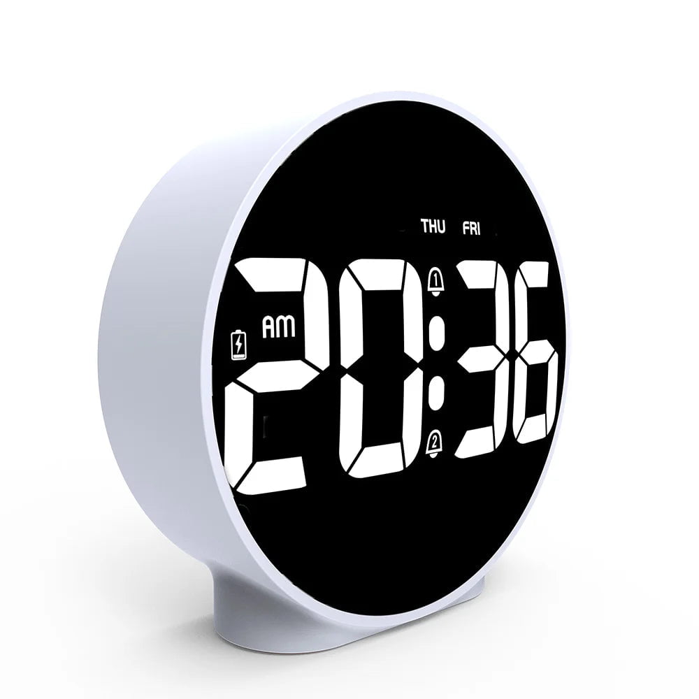 Round Alarm Clock with Snooze, Calendar, 12/24H Display, Week Indicator, Digital LED, for Bedrooms White