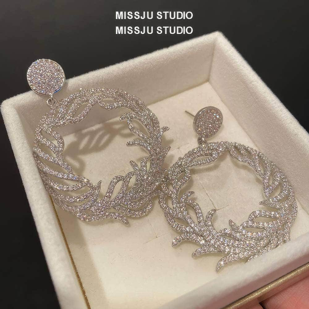 Round Leaf Crystal Paved Statement Earrings Silver