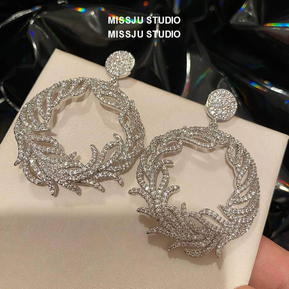 Round Leaf Crystal Paved Statement Earrings Silver