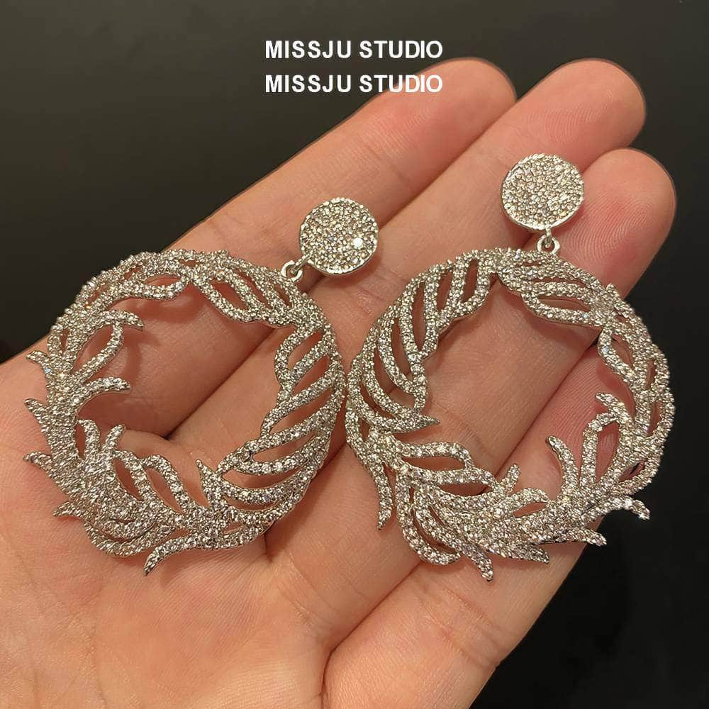 Round Leaf Crystal Paved Statement Earrings Silver