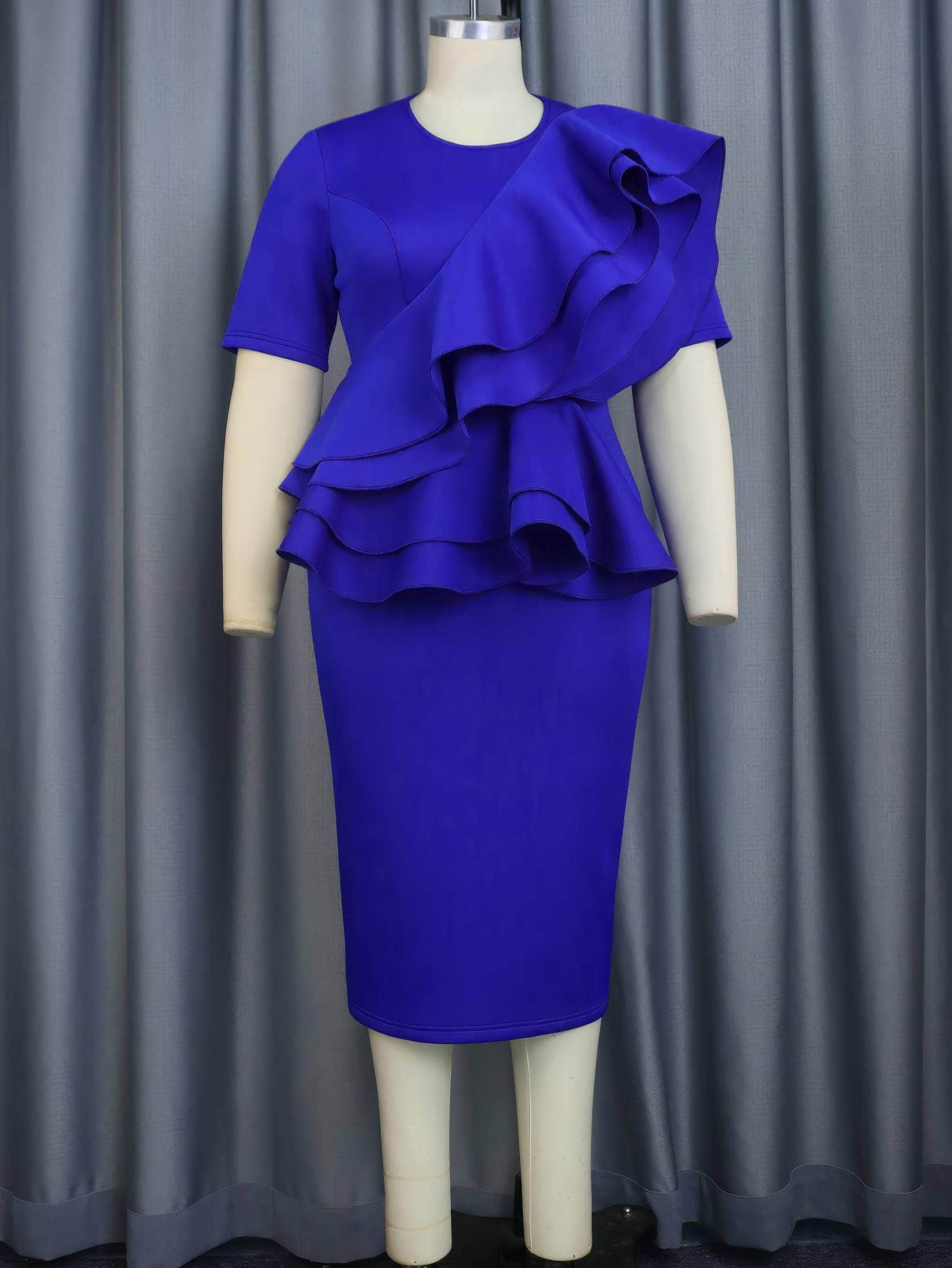 Round Neck Asymmetrical Layered Ruffled Peplum Dress