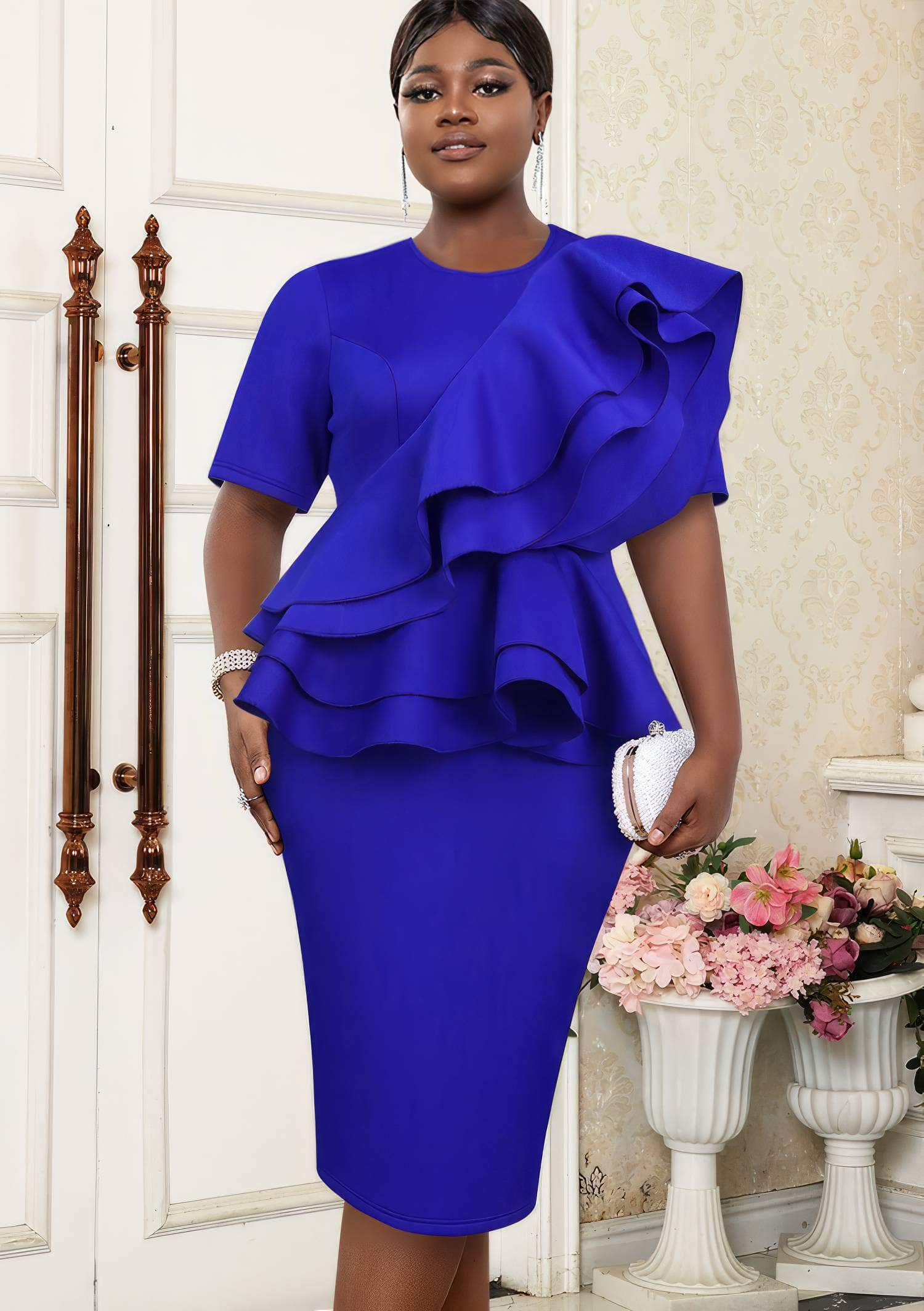 Round Neck Asymmetrical Layered Ruffled Peplum Dress US 4-6 / Blue