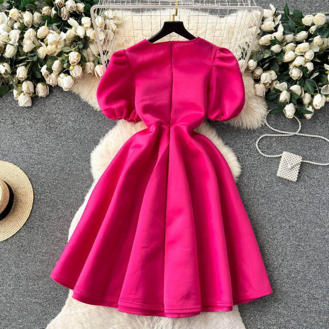 Round Neck Balloon Sleeves A-line Pleated Dress