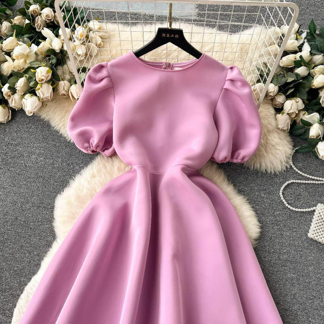 Round Neck Balloon Sleeves A-line Pleated Dress