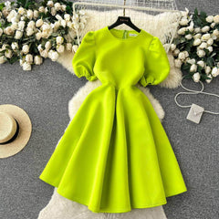 Round Neck Balloon Sleeves A-line Pleated Dress