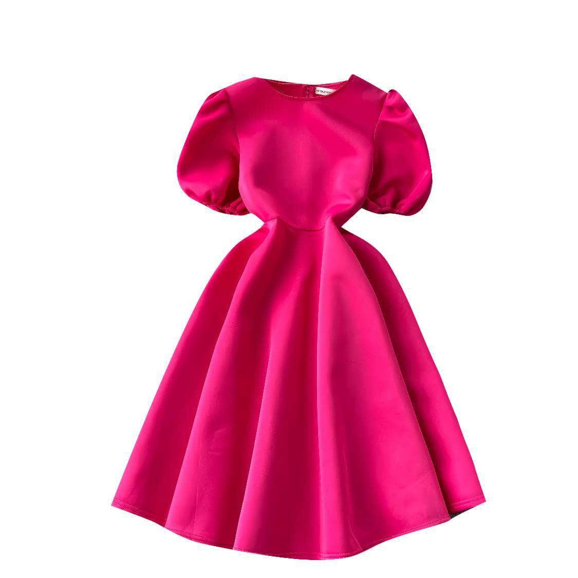 Round Neck Balloon Sleeves A-line Pleated Dress