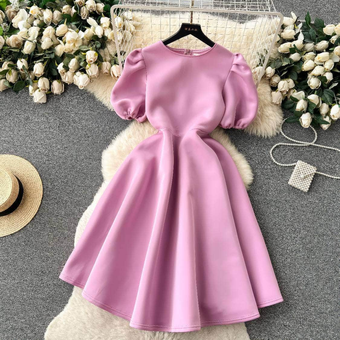 Round Neck Balloon Sleeves A-line Pleated Dress