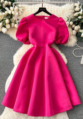 Round Neck Balloon Sleeves A-line Pleated Dress