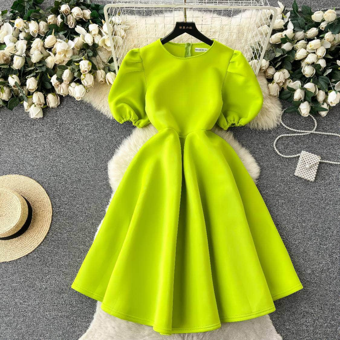 Round Neck Balloon Sleeves A-line Pleated Dress