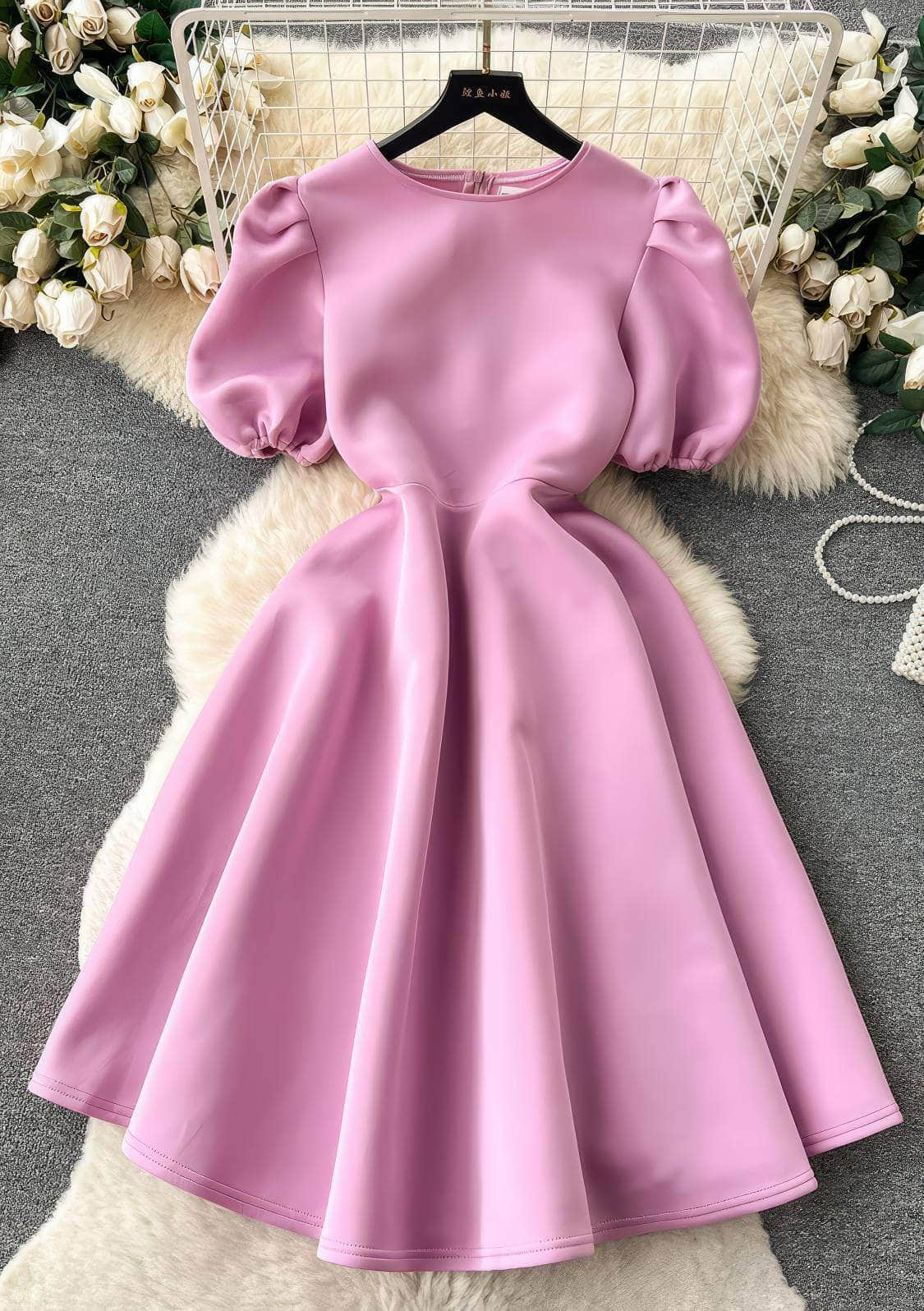 Round Neck Balloon Sleeves A-line Pleated Dress