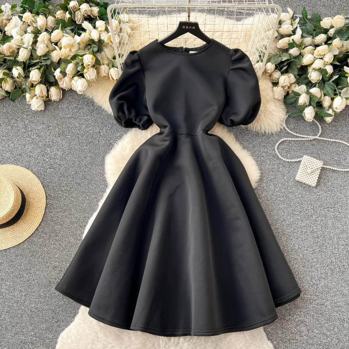 Round Neck Balloon Sleeves A-line Pleated Dress