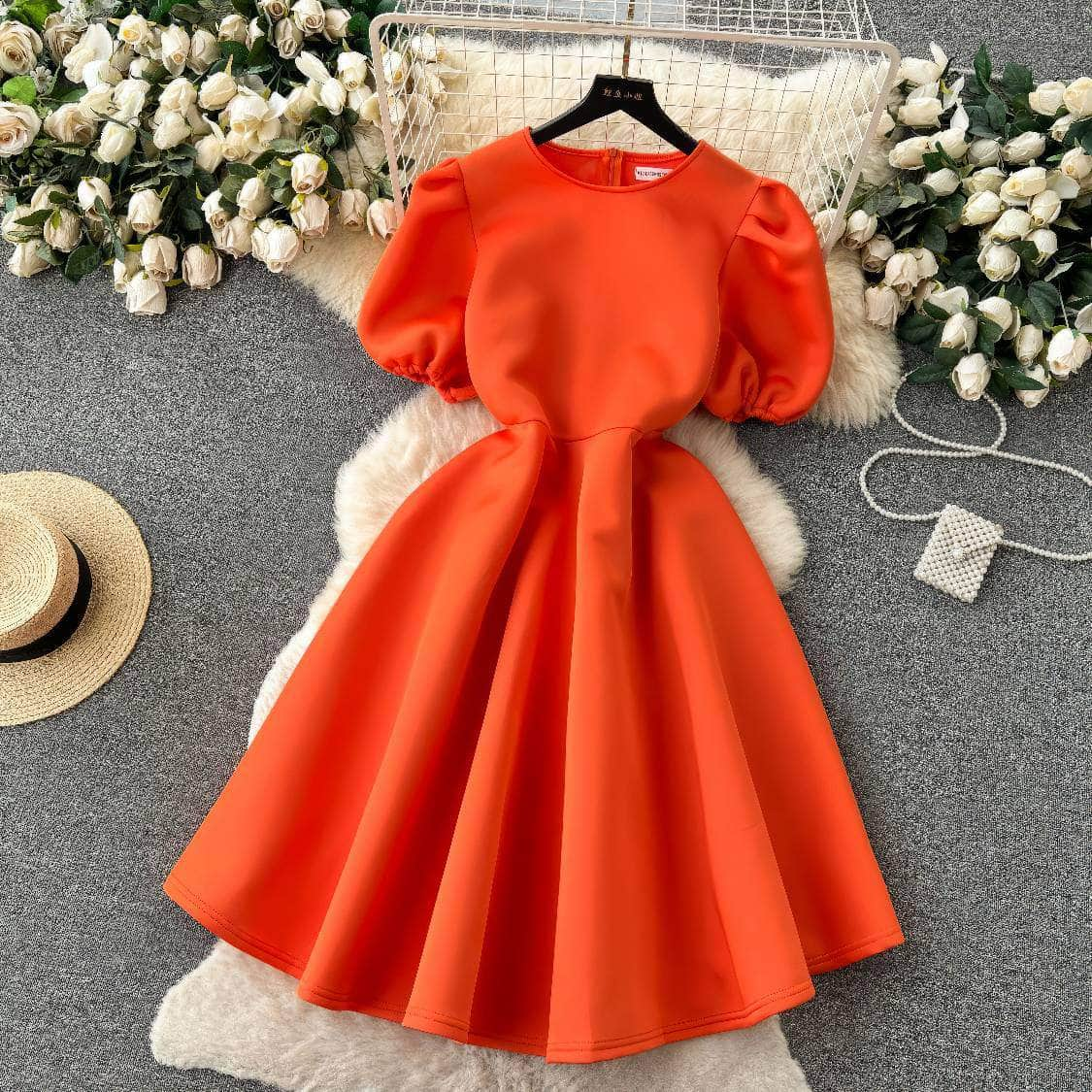 Round Neck Balloon Sleeves A-line Pleated Dress