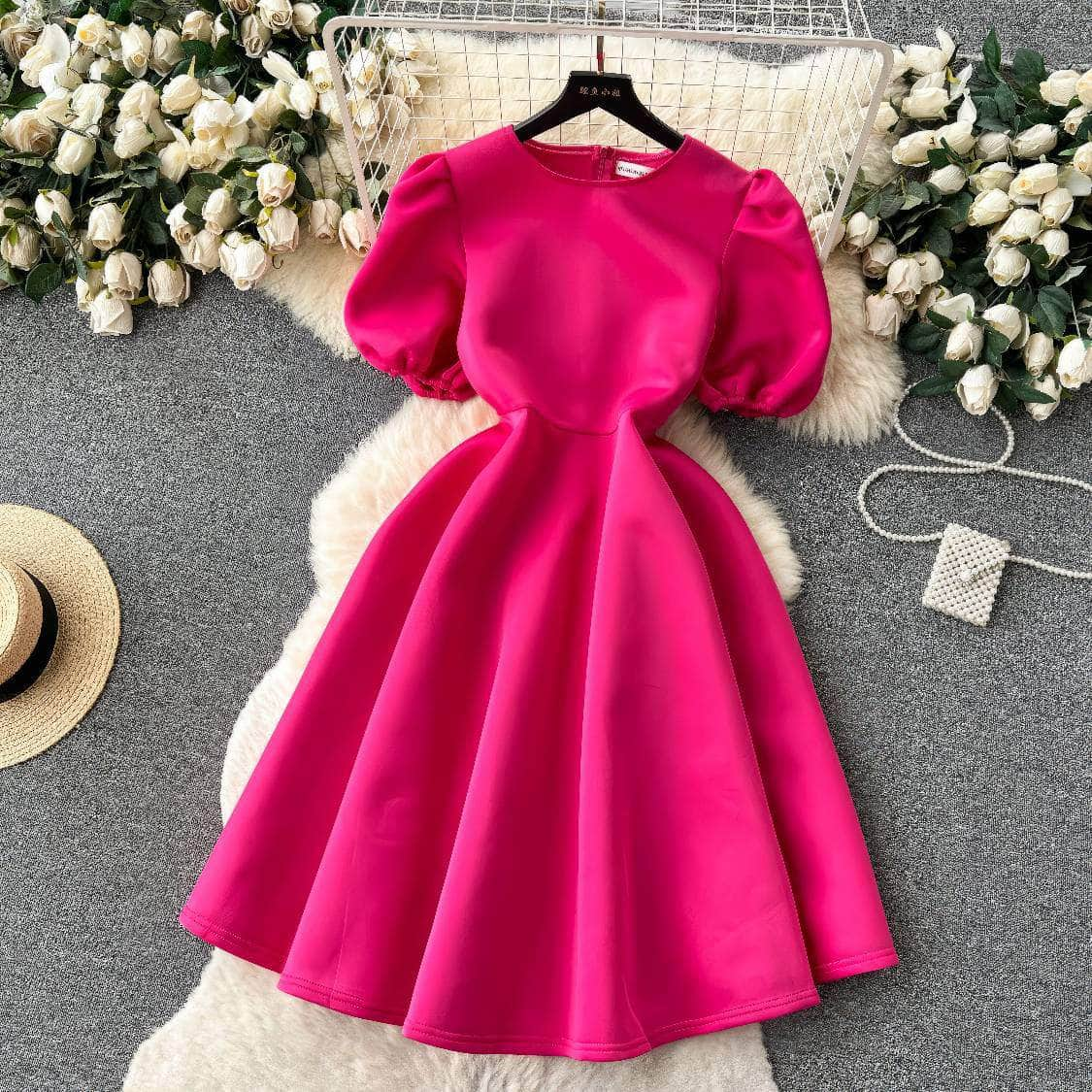 Round Neck Balloon Sleeves A-line Pleated Dress