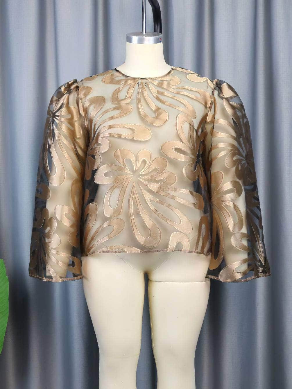 Round Neck Flared Sleeves Floral Metallic Top