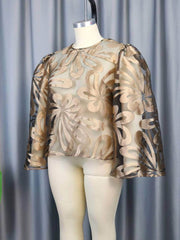 Round Neck Flared Sleeves Floral Metallic Top