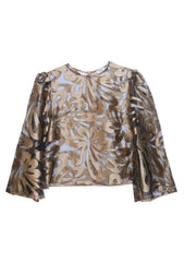 Round Neck Flared Sleeves Floral Metallic Top