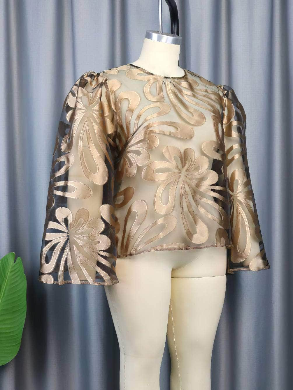 Round Neck Flared Sleeves Floral Metallic Top