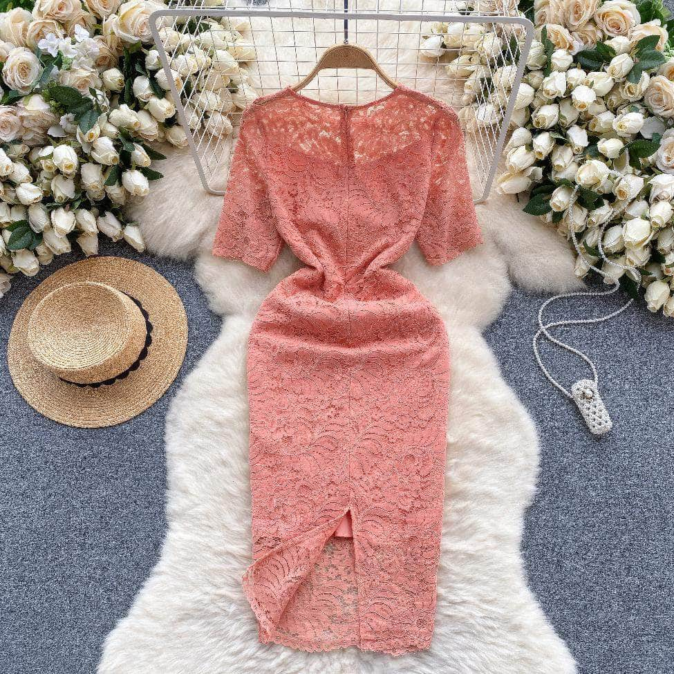 Round Neck Lace Trimmed Floral Midi Slimfit Dress