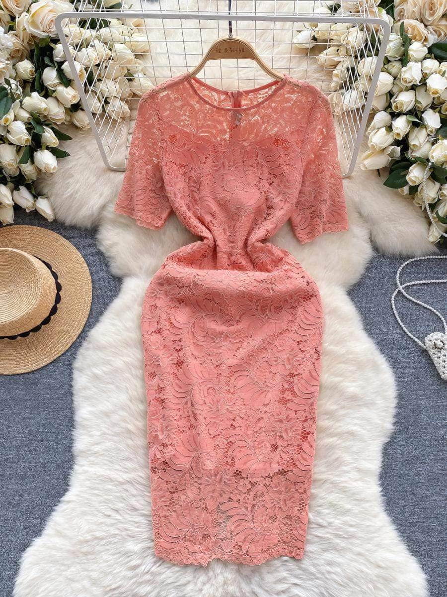 Round Neck Lace Trimmed Floral Midi Slimfit Dress S / Salmon